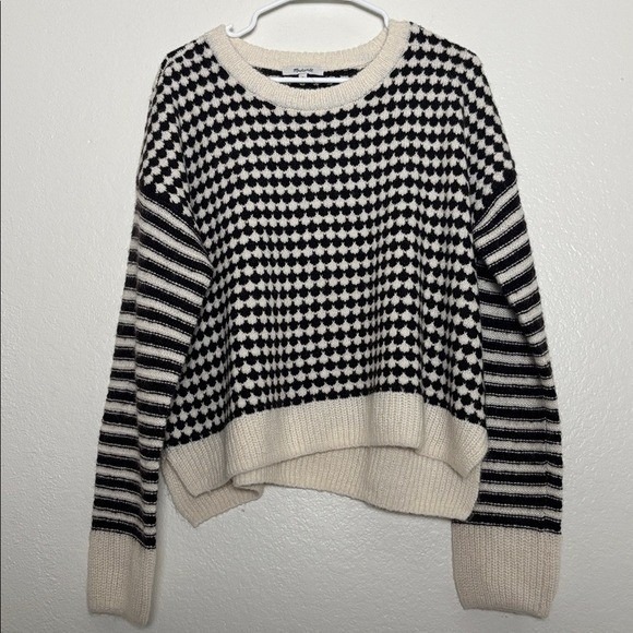 NWT MADEWELL Mixed Stripe Checked Pullover Sweater Brown/Ivory Alpaca Medium - Picture 3 of 9